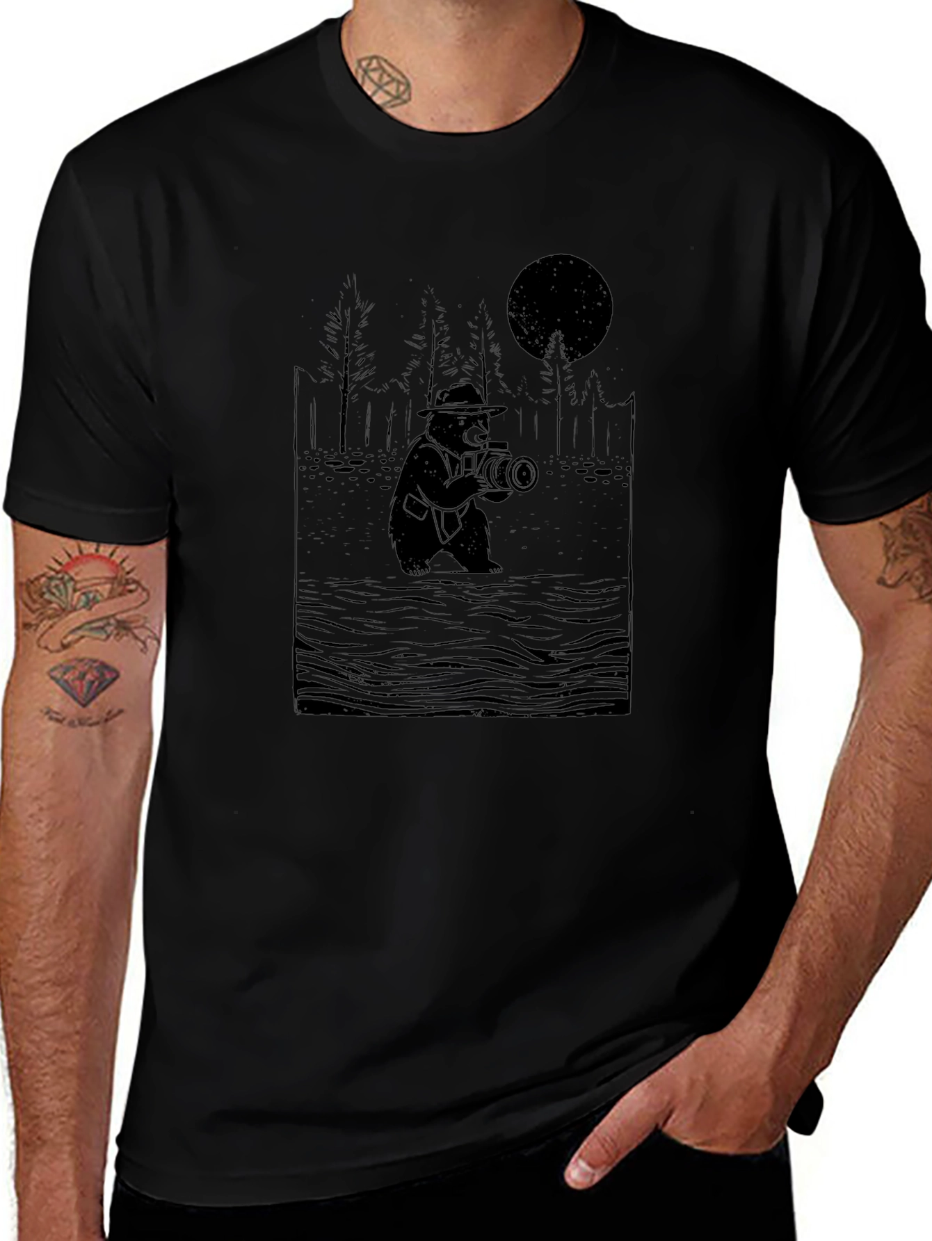 Bear Photographer Graphic Tee - Black Cotton T-Shirt