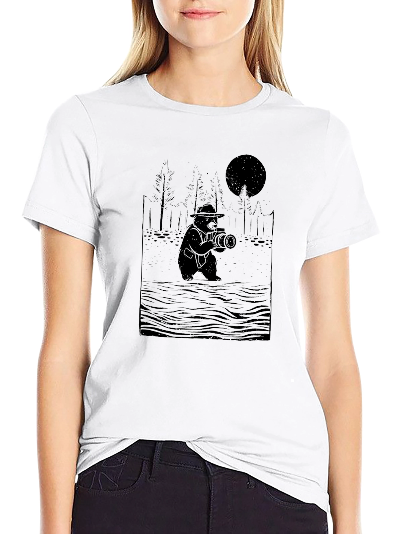Bear Photographer Graphic Tee - Black Cotton T-Shirt