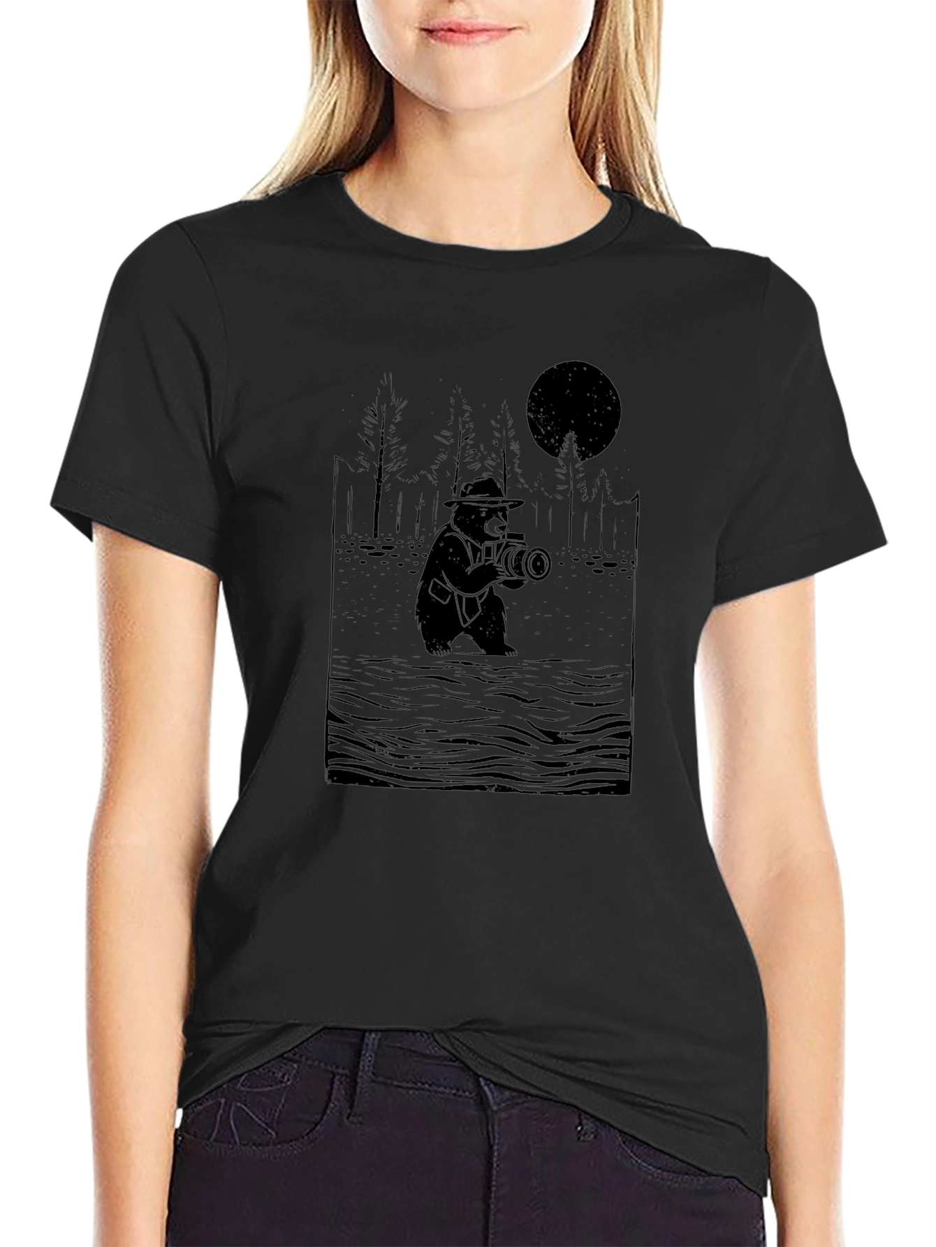 Bear Photographer Graphic Tee - Black Cotton T-Shirt