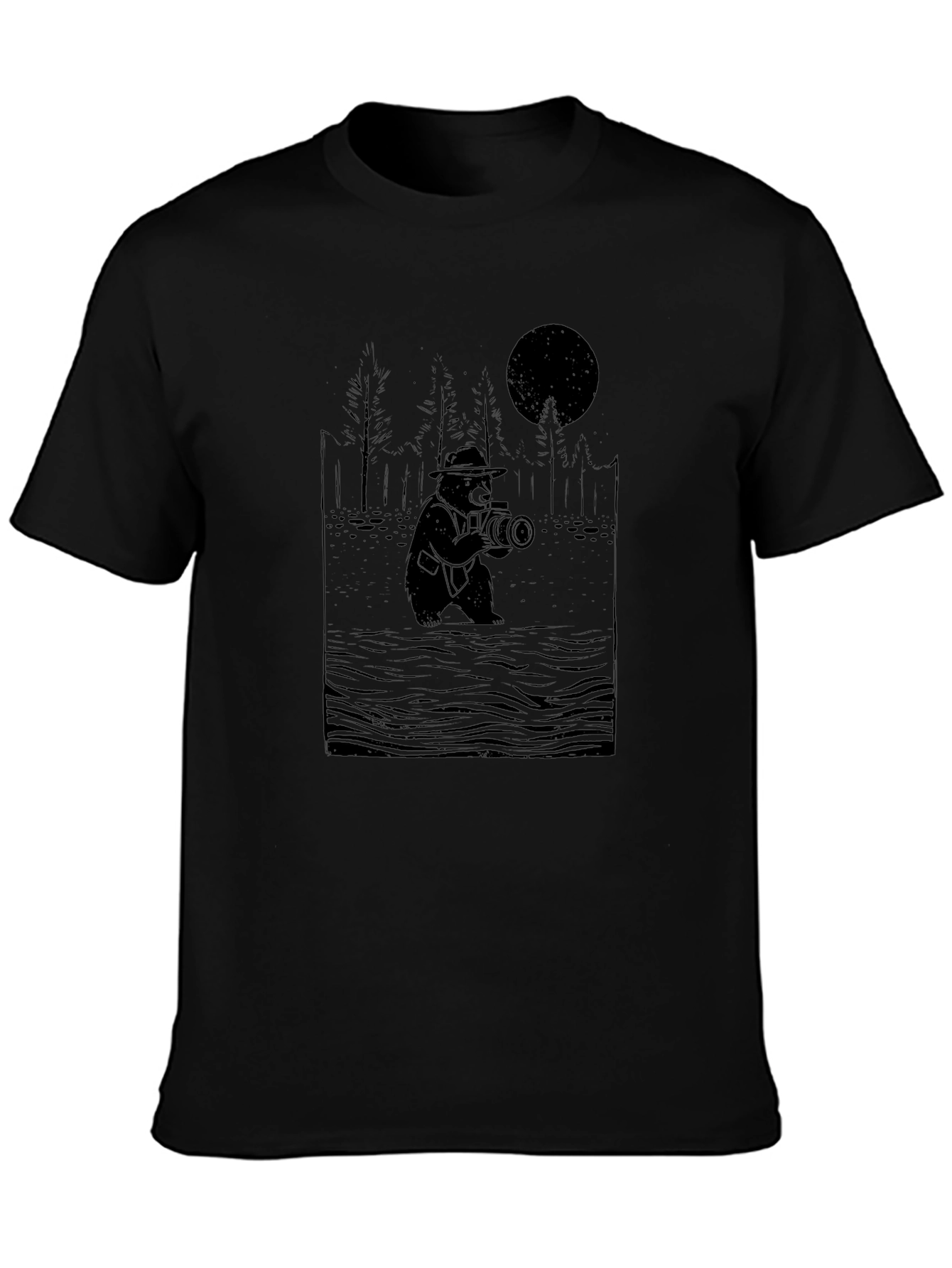 Bear Photographer Graphic Tee - Black Cotton T-Shirt