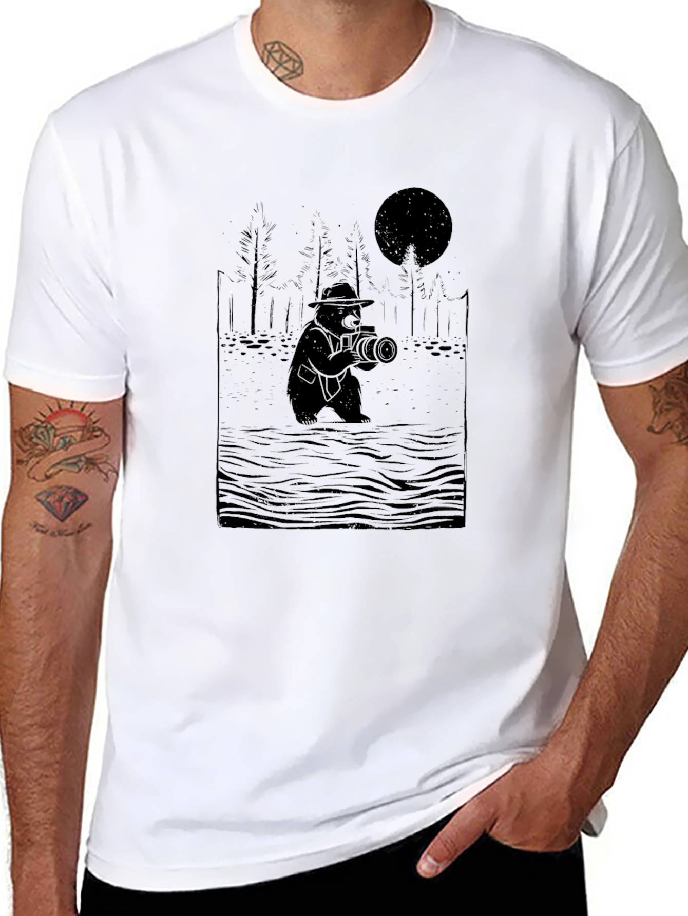 Bear Photographer Graphic Tee - Black Cotton T-Shirt