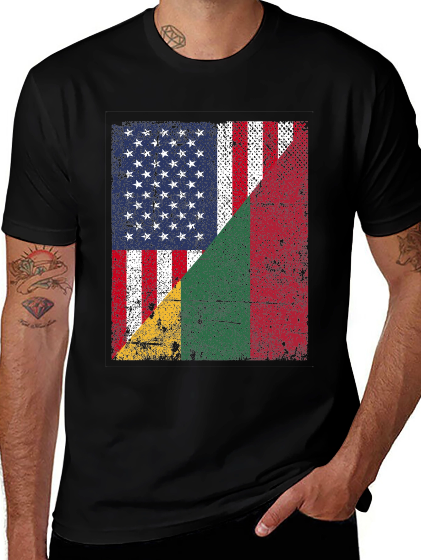USA & Benin Flag Distressed Graphic T-Shirt