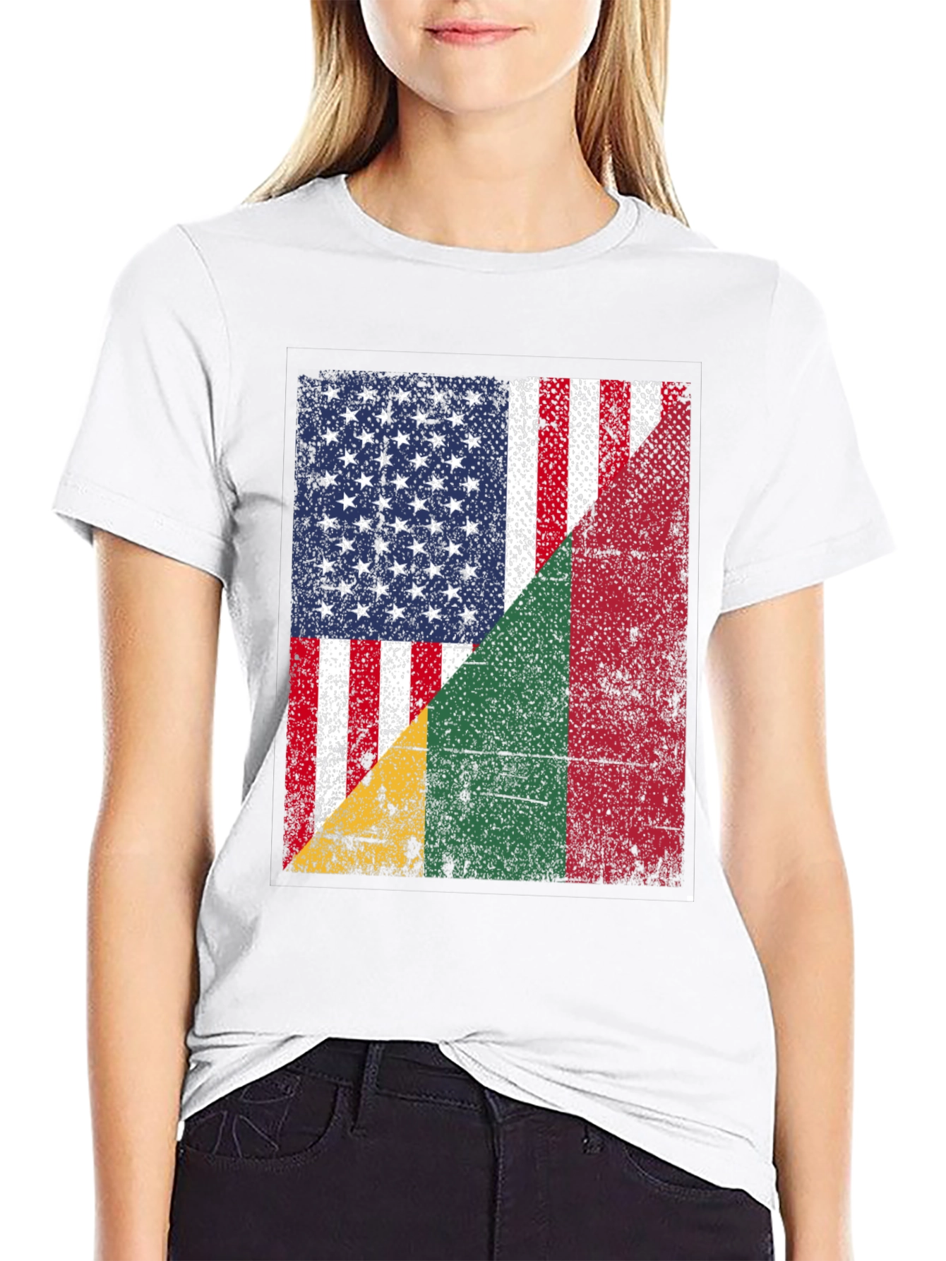 USA & Benin Flag Distressed Graphic T-Shirt
