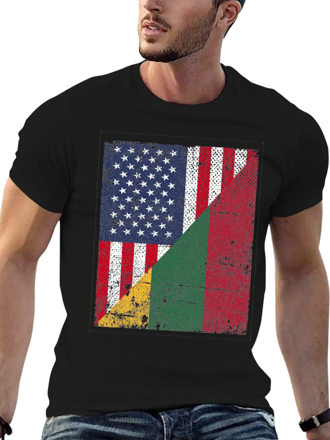 USA & Benin Flag Distressed Graphic T-Shirt