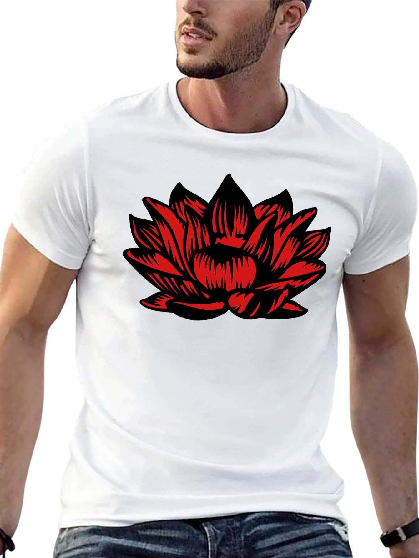 Black T-Shirt with Red Lotus Flower Design