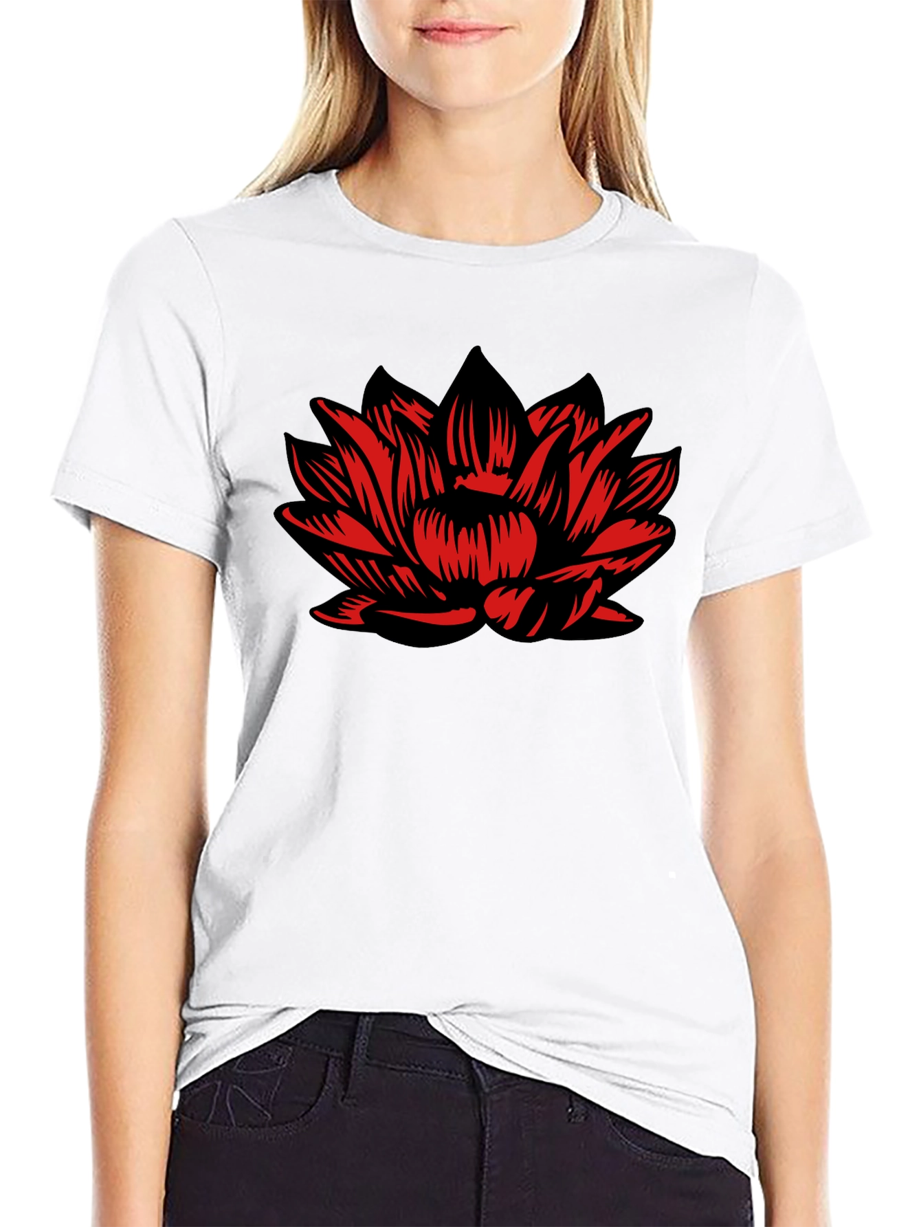 Black T-Shirt with Red Lotus Flower Design