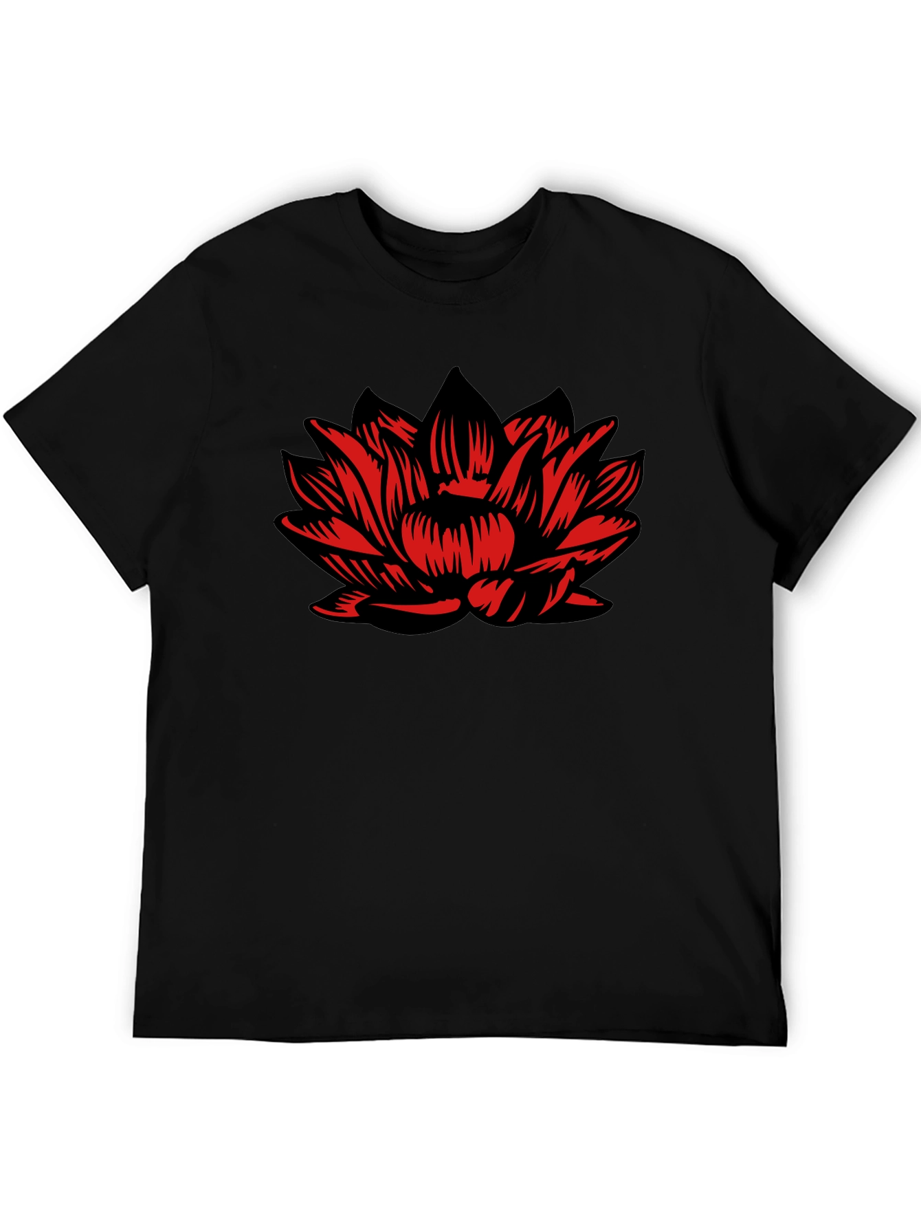 Black T-Shirt with Red Lotus Flower Design