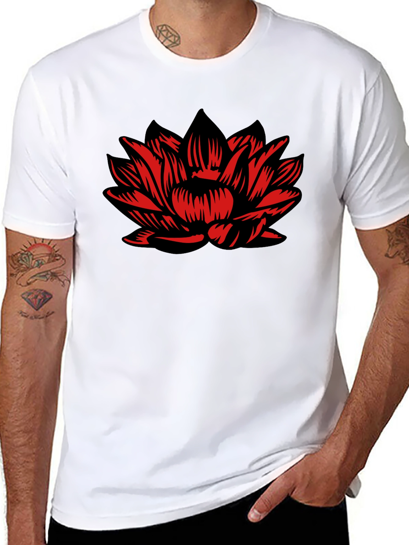 Black T-Shirt with Red Lotus Flower Design