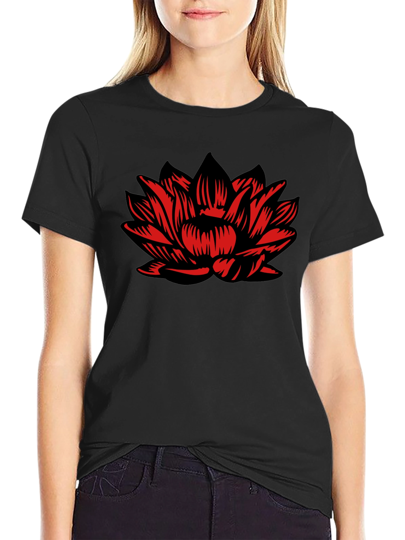 Black T-Shirt with Red Lotus Flower Design