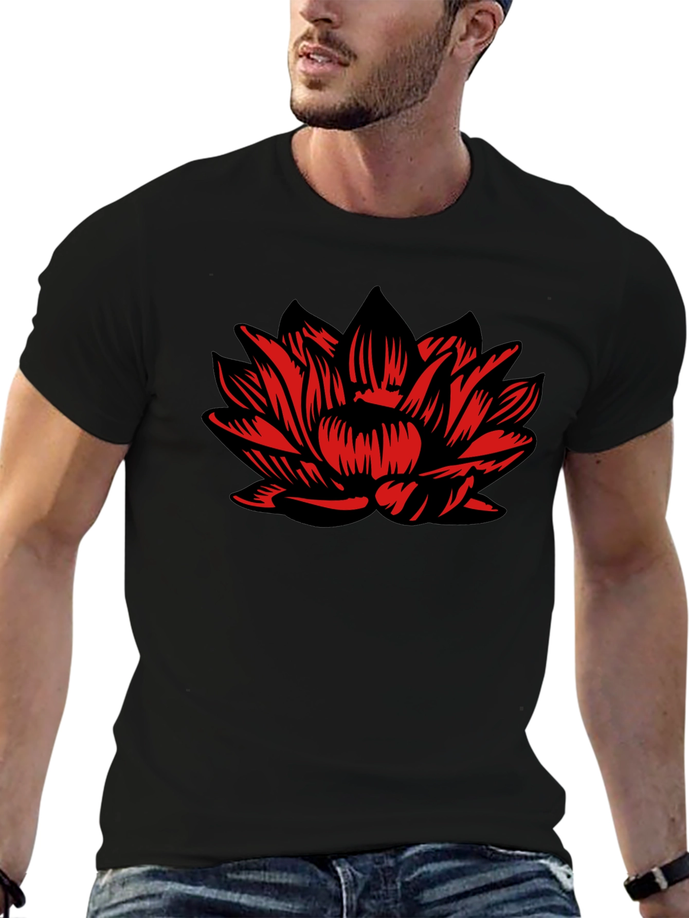 Black T-Shirt with Red Lotus Flower Design