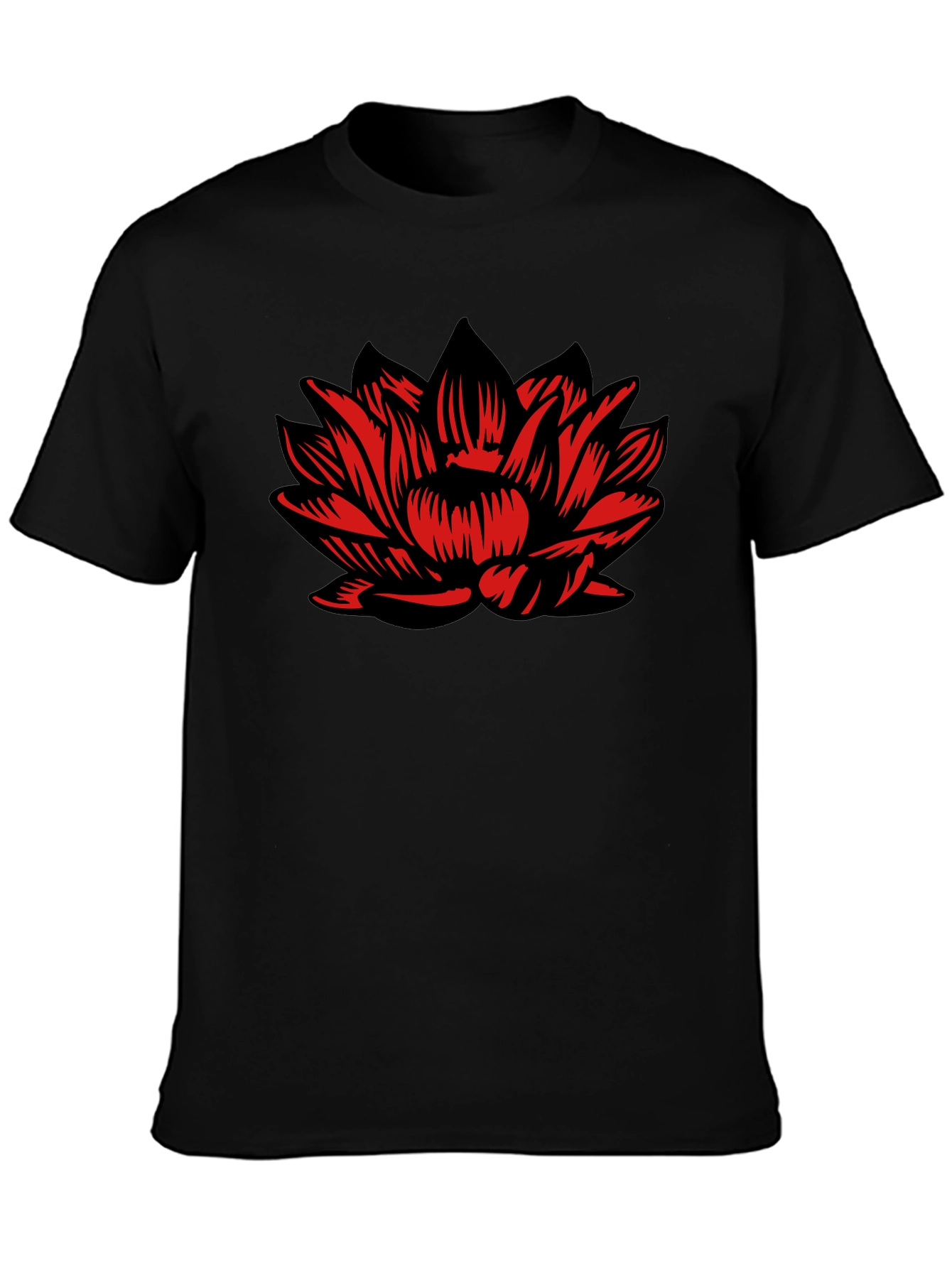 Black T-Shirt with Red Lotus Flower Design