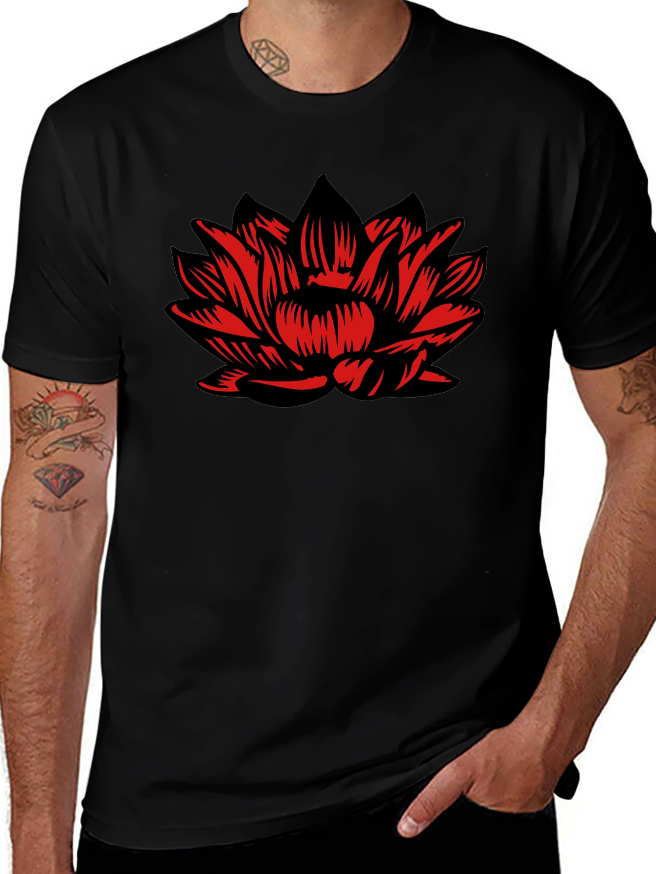 Black T-Shirt with Red Lotus Flower Design