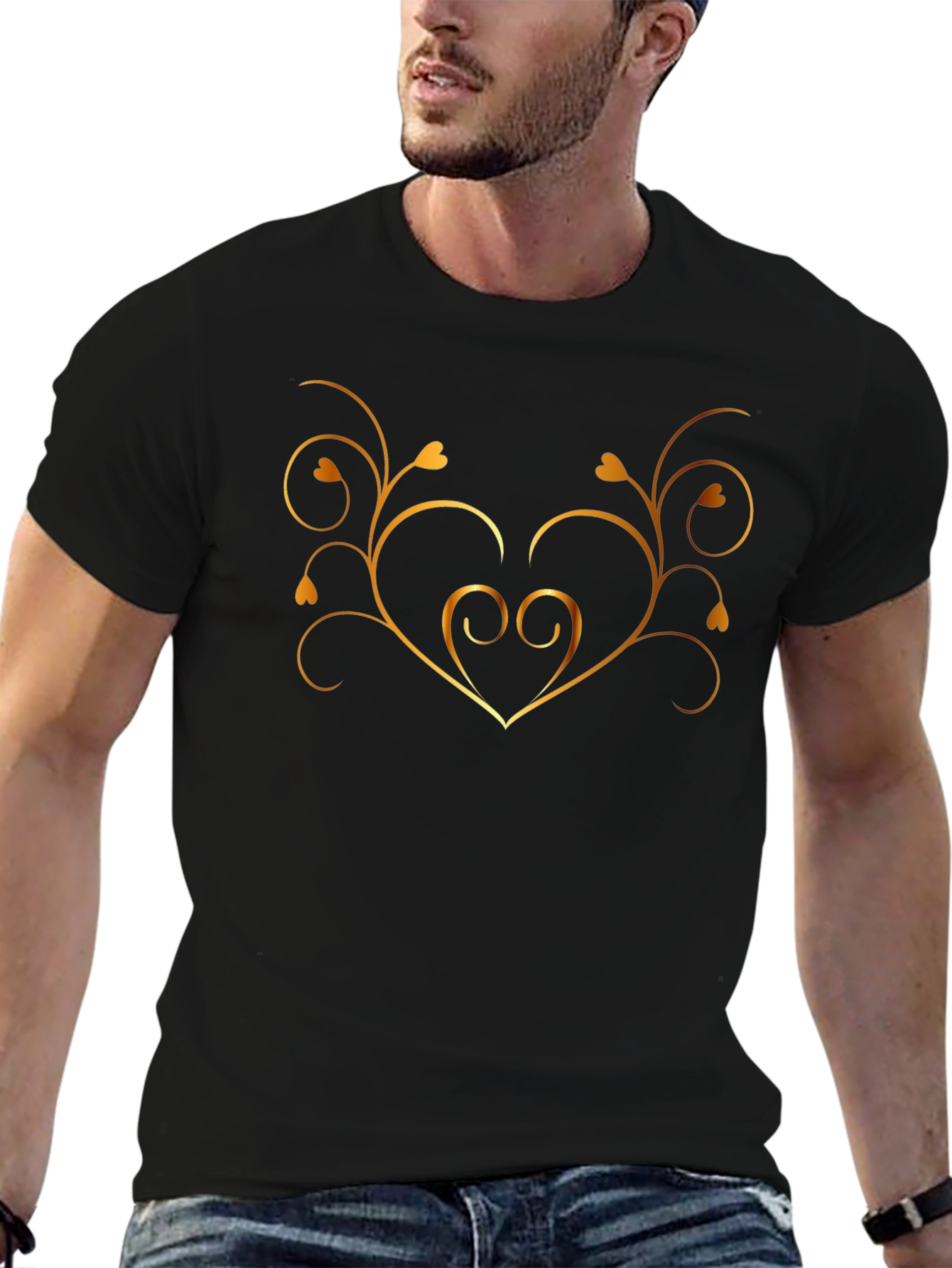 Stylish Black Tee with Golden Heart Vine Design