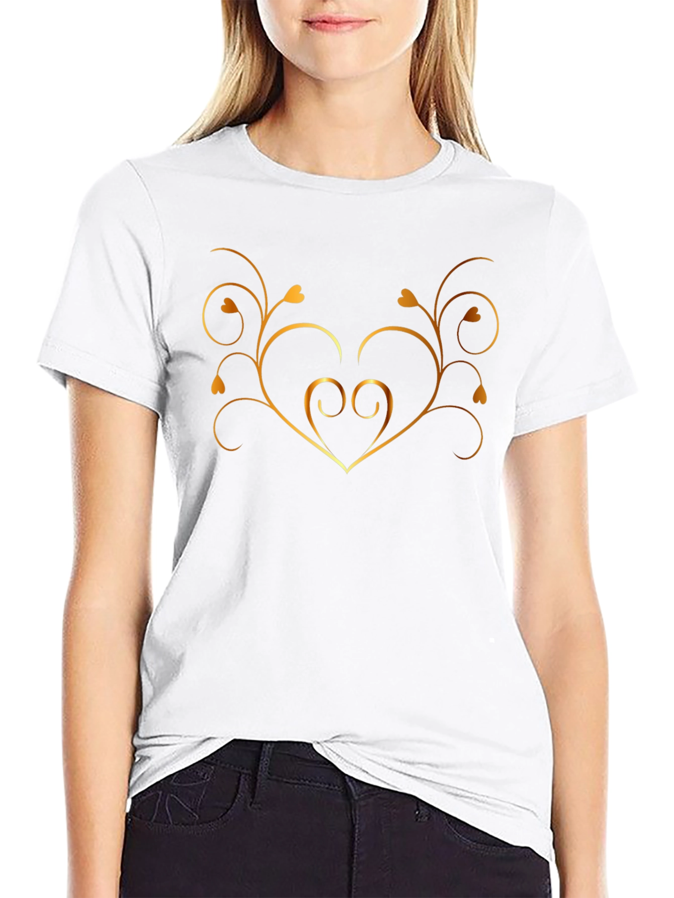 Stylish Black Tee with Golden Heart Vine Design