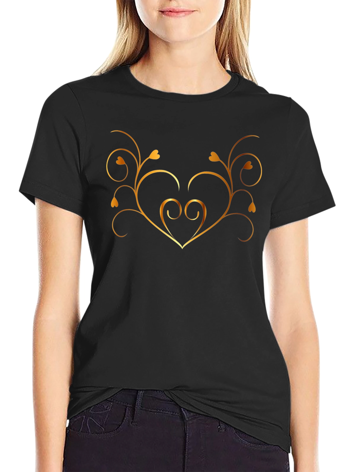 Stylish Black Tee with Golden Heart Vine Design