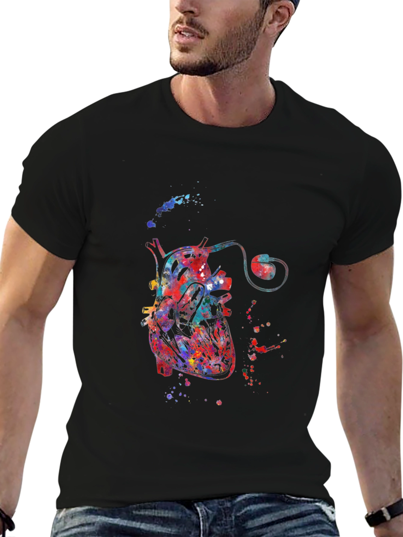 Watercolor Heart Black T-Shirt