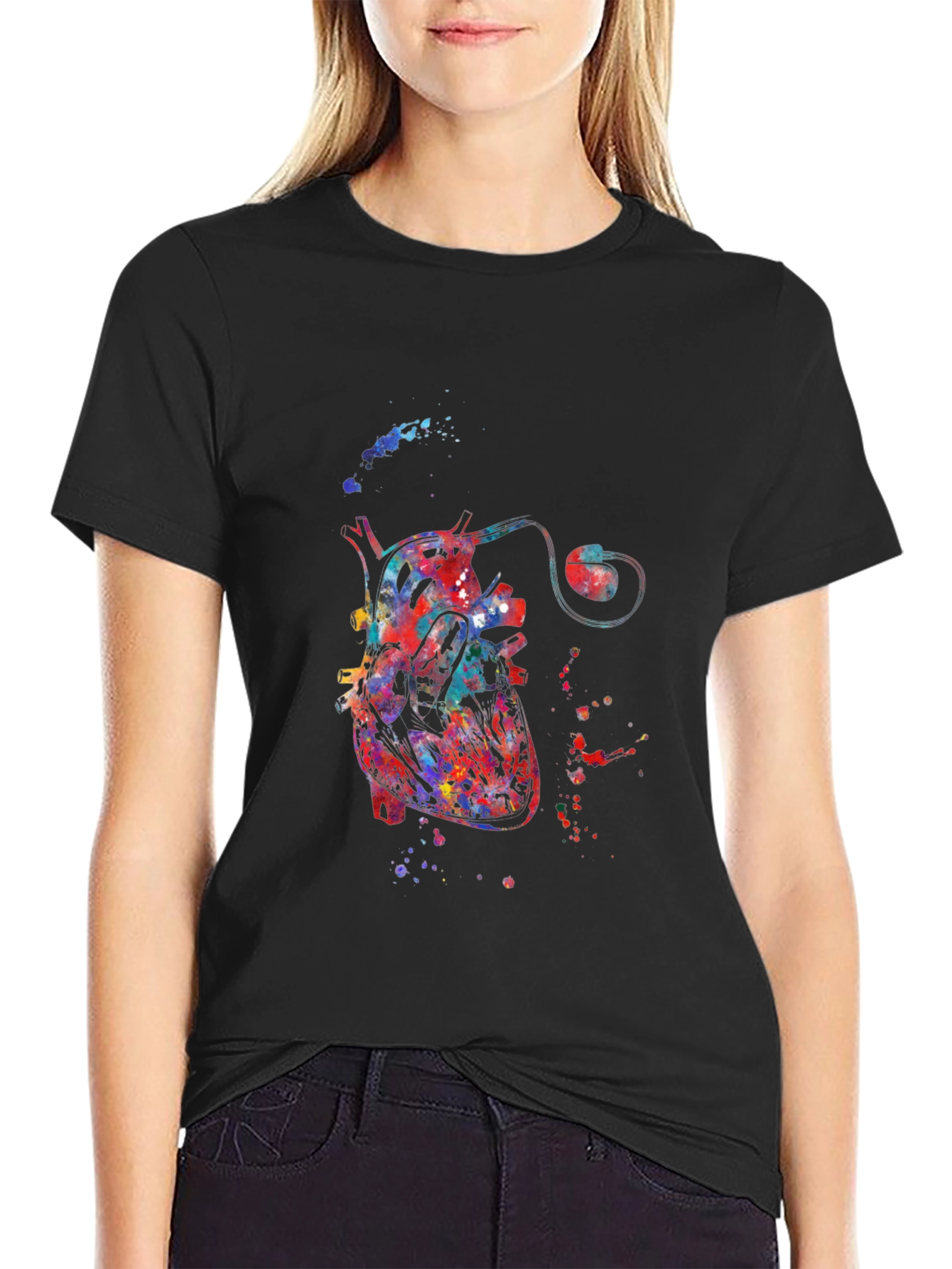 Watercolor Heart Black T-Shirt