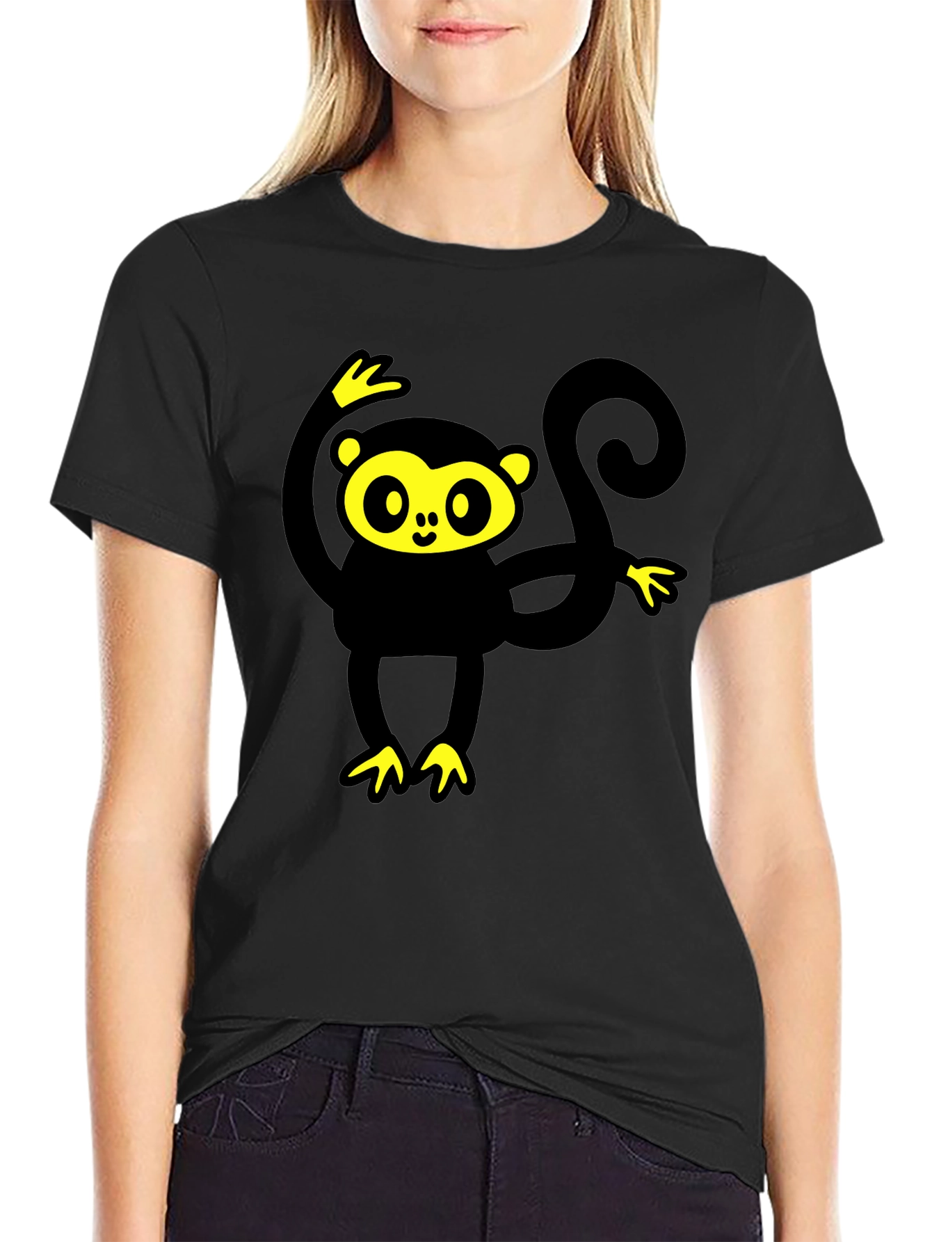 Black T-Shirt with Cartoon Monkey Graphic