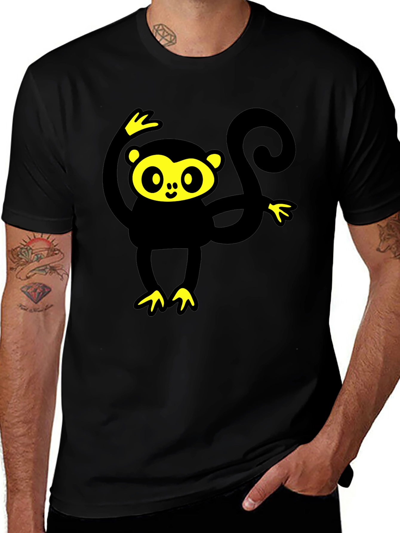 Black T-Shirt with Cartoon Monkey Graphic