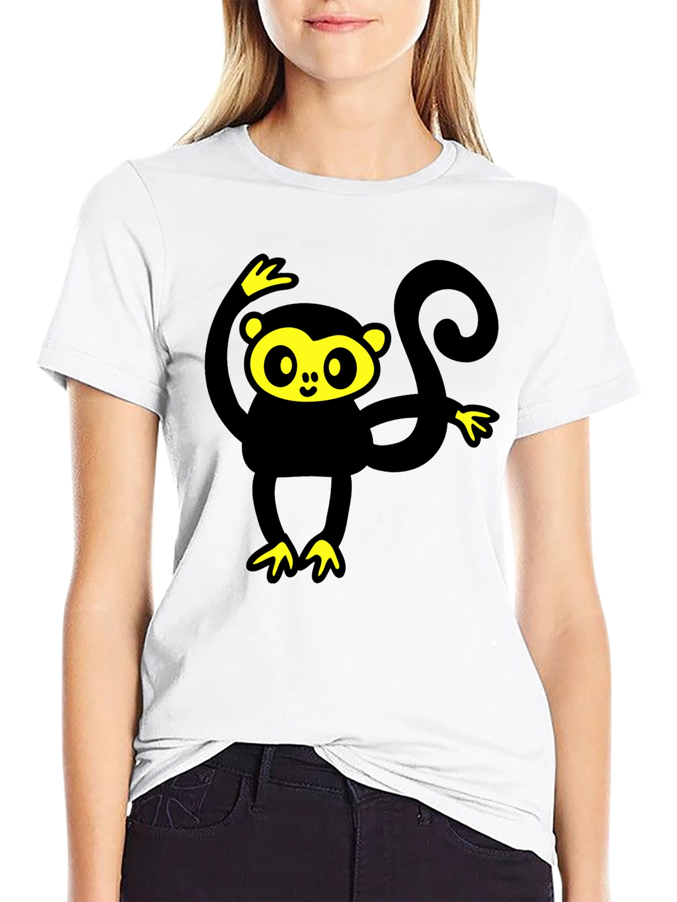 Black T-Shirt with Cartoon Monkey Graphic