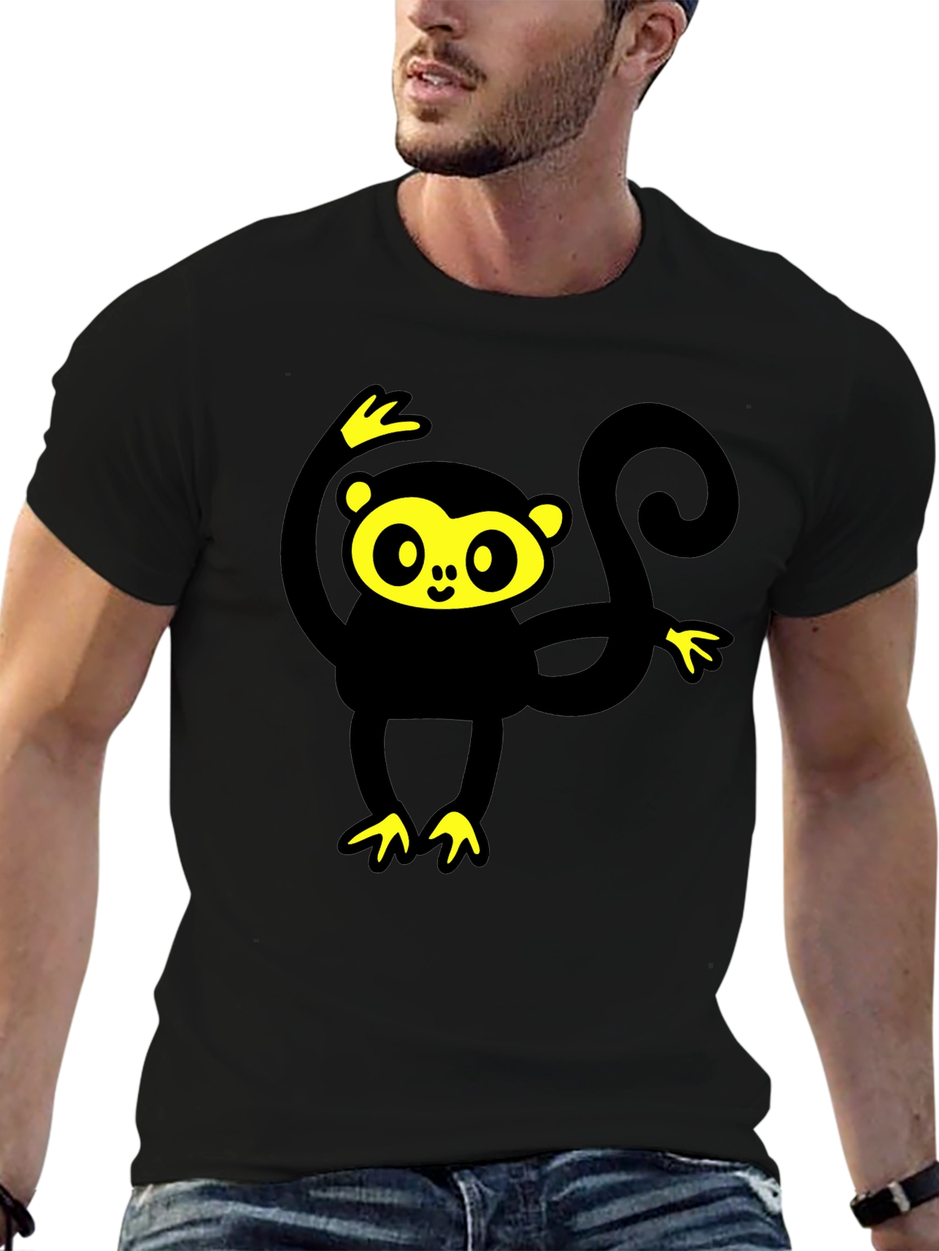 Black T-Shirt with Cartoon Monkey Graphic