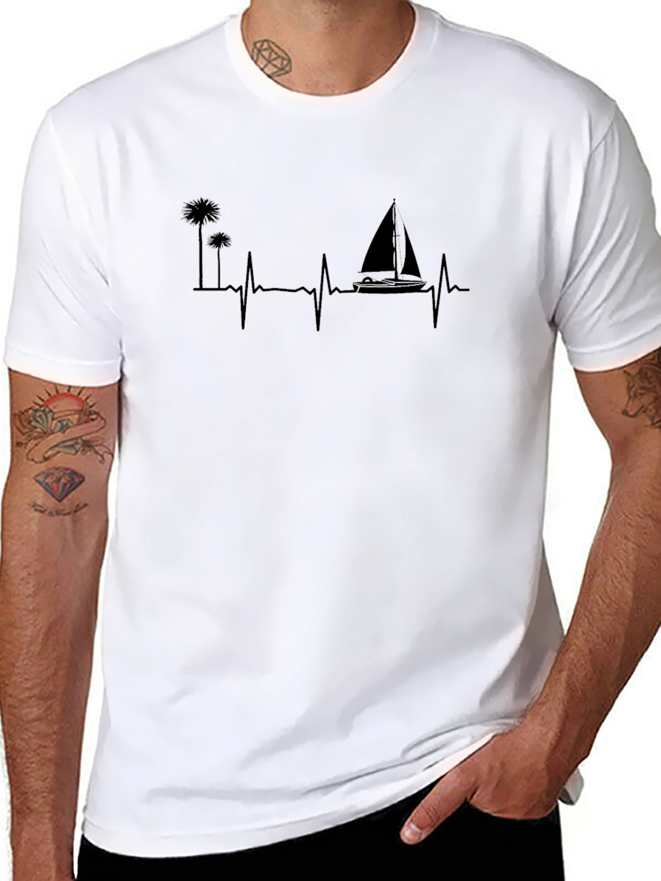 Black Palm Tree & Sailboat Heartbeat T-Shirt