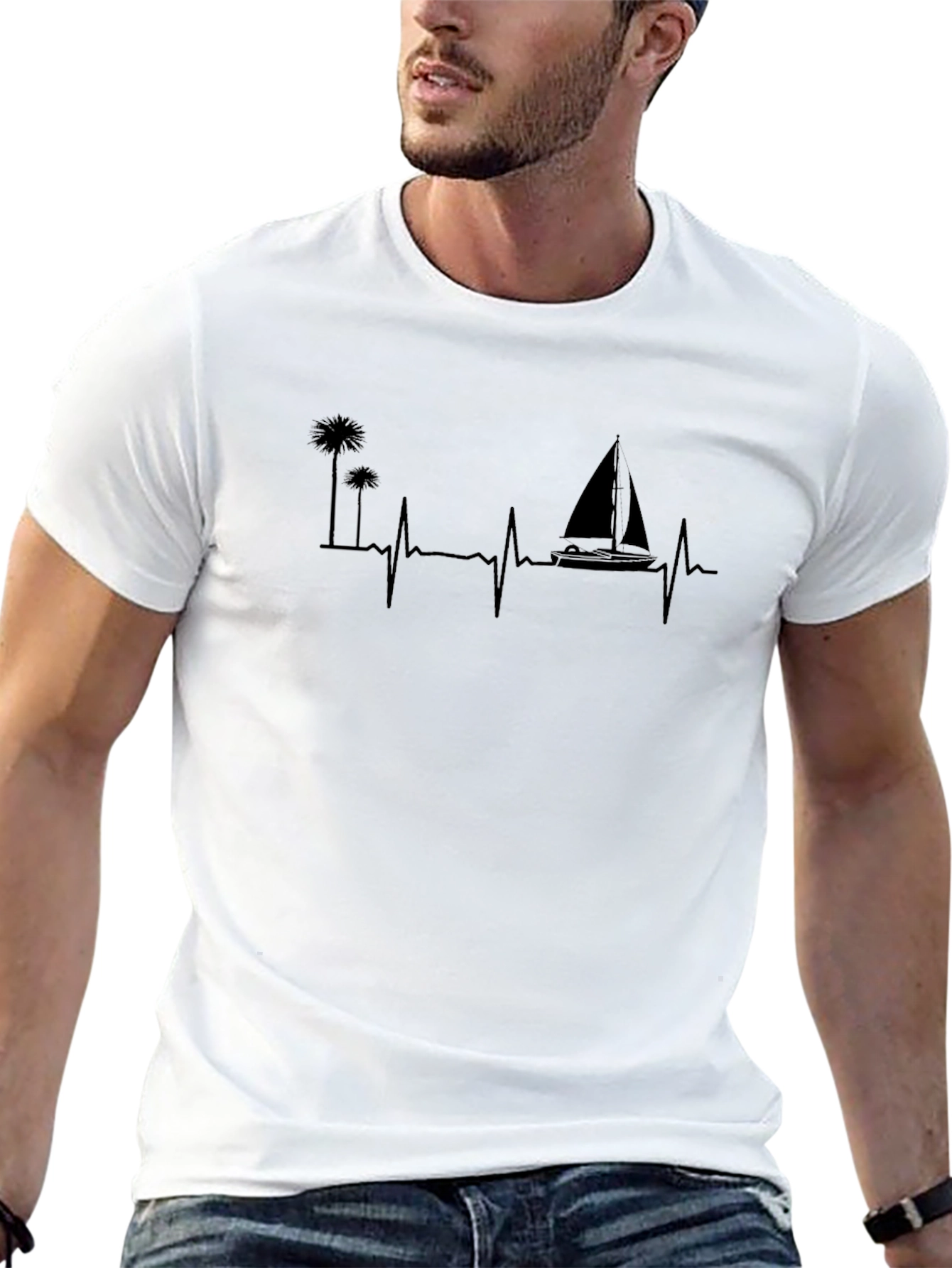 Black Palm Tree & Sailboat Heartbeat T-Shirt
