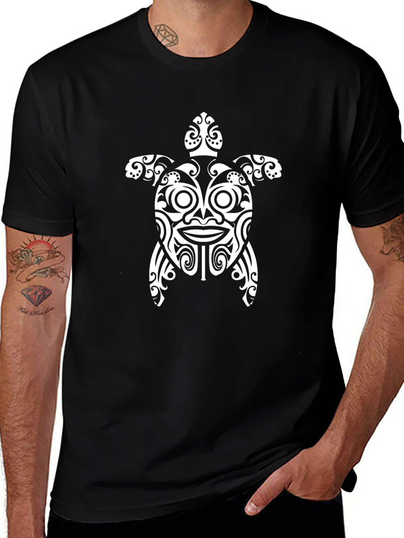 Turtle Tribal Design T-Shirt - Black