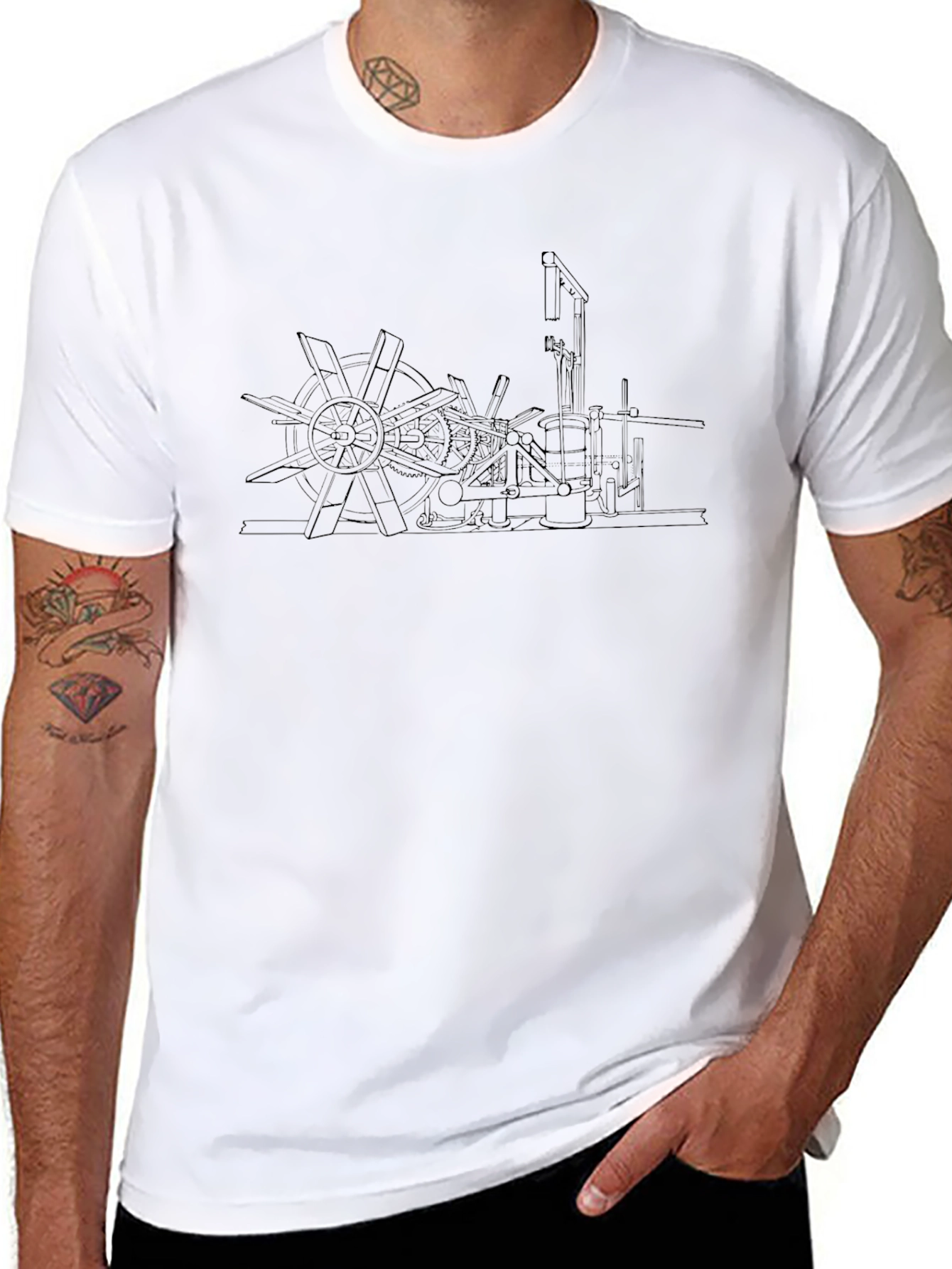 Steampunk Water Wheel Graphic Tee - Black Cotton