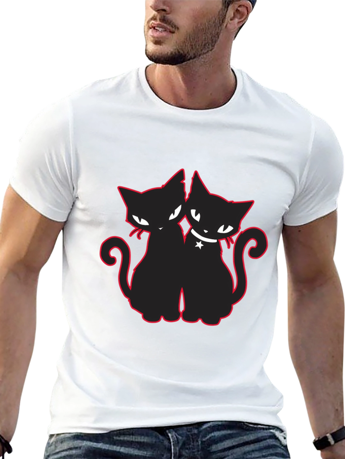 Two Cats T-Shirt Black with Red Outline