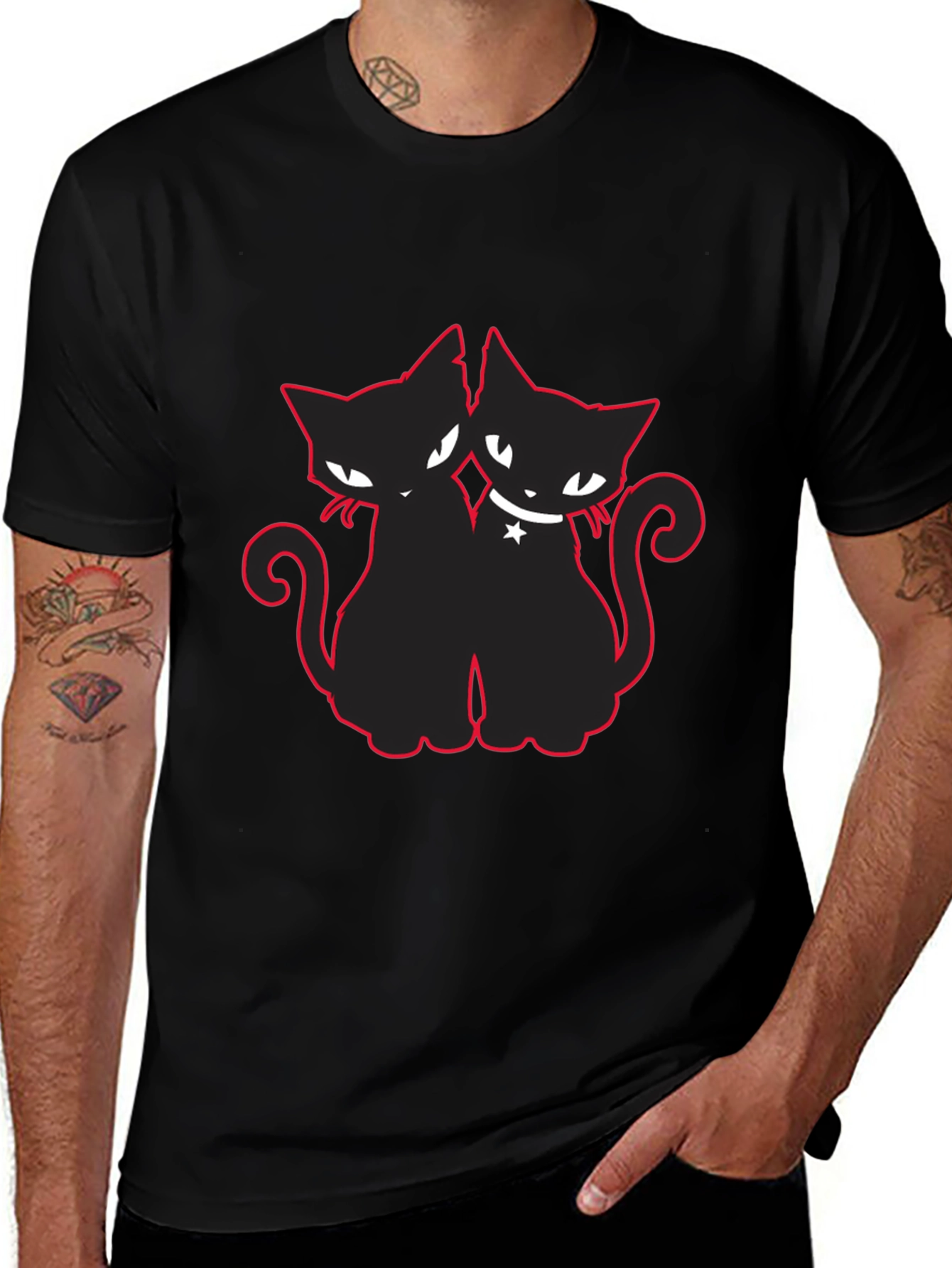 Two Cats T-Shirt Black with Red Outline