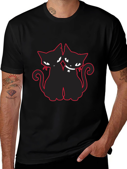 Two Cats T-Shirt Black with Red Outline