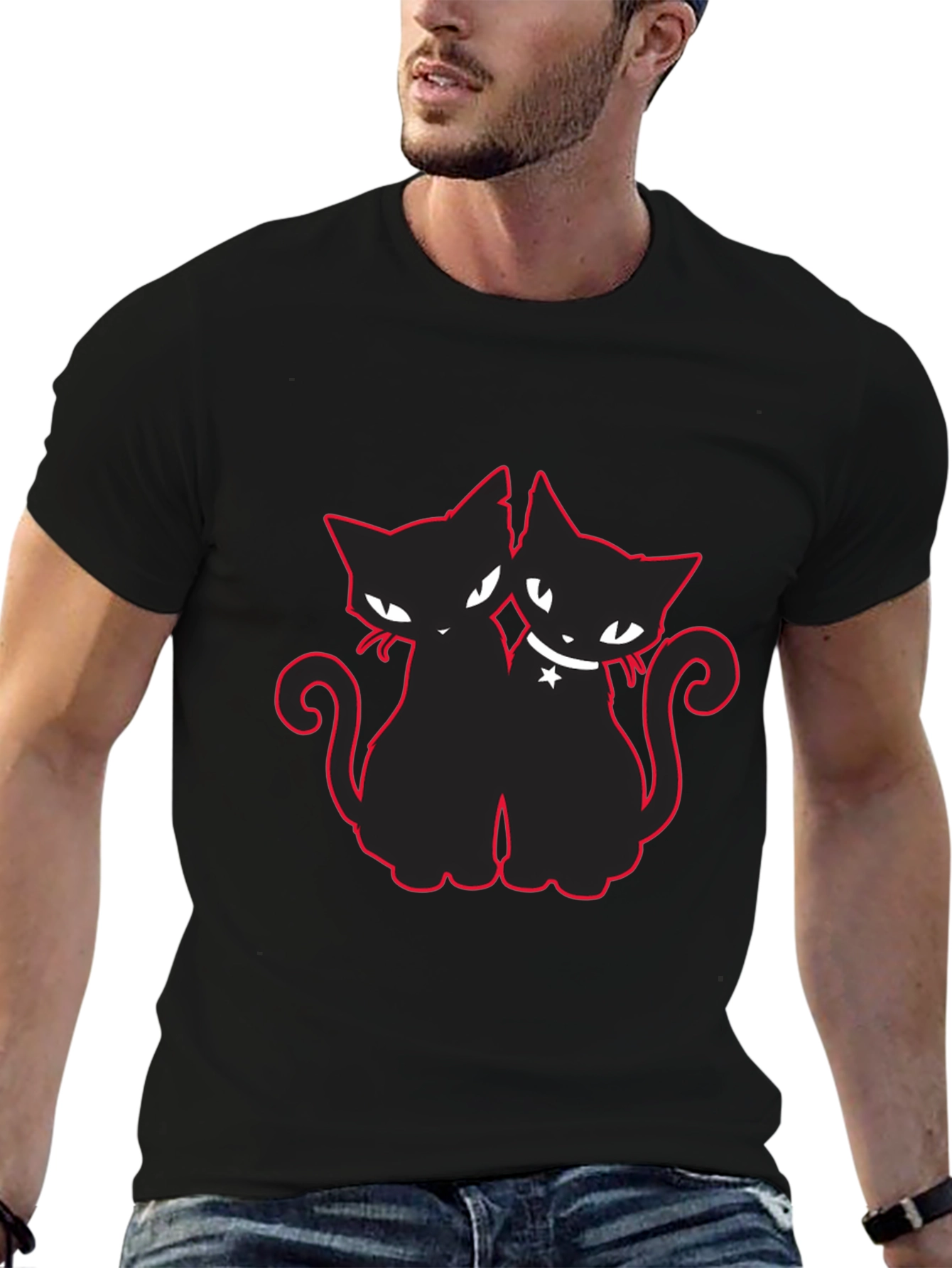 Two Cats T-Shirt Black with Red Outline