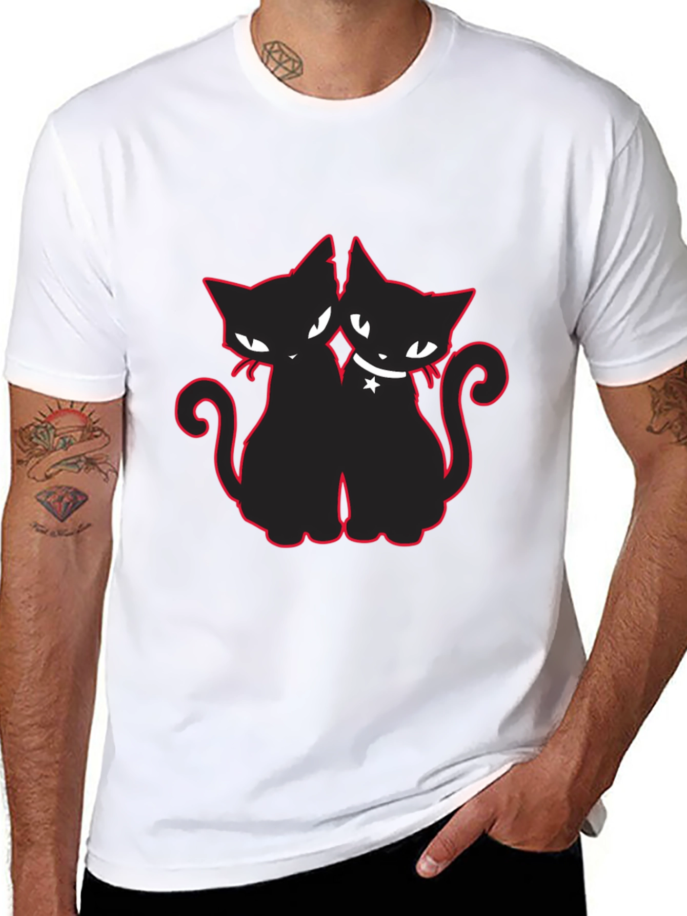 Two Cats T-Shirt Black with Red Outline