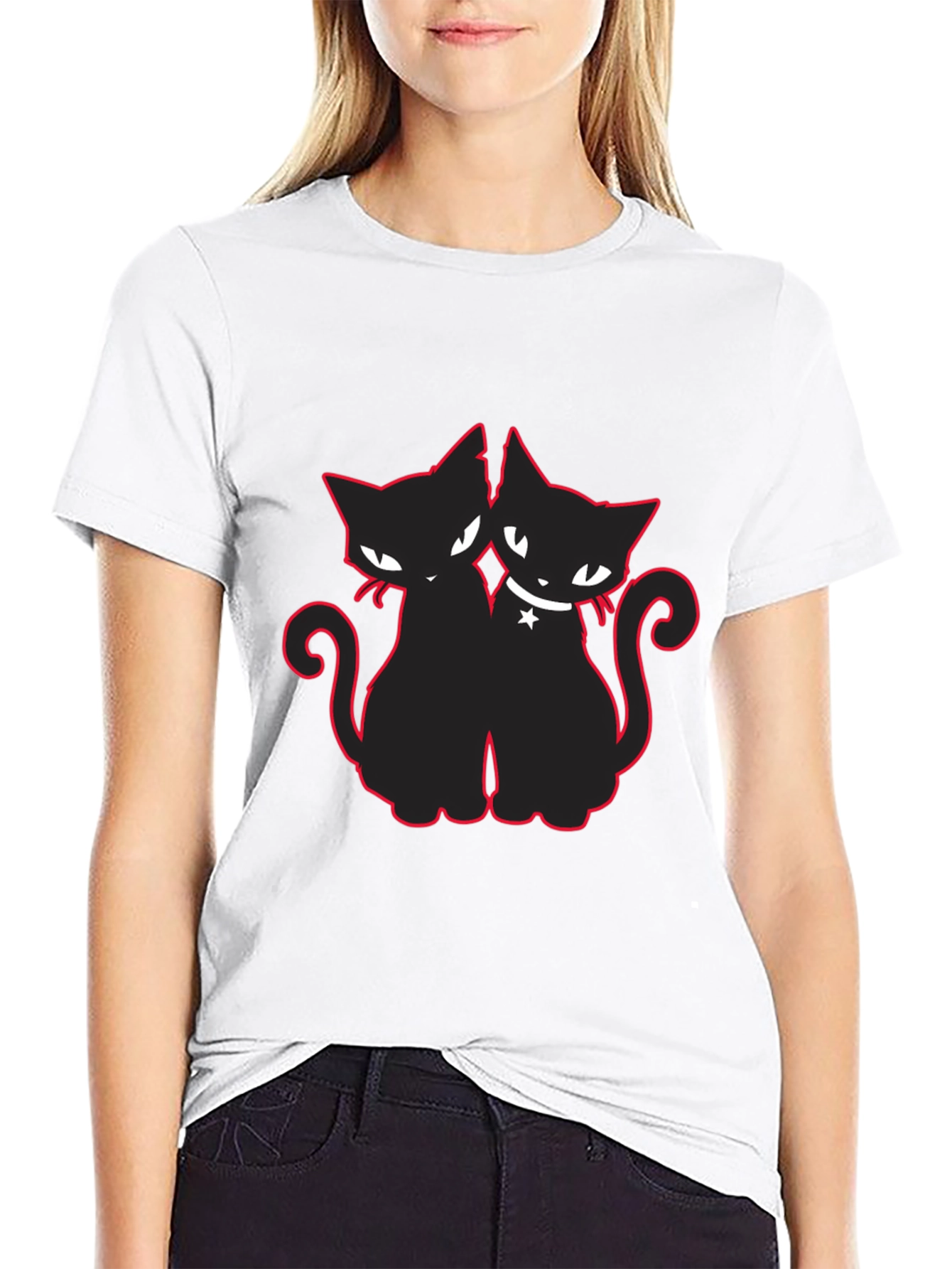 Two Cats T-Shirt Black with Red Outline