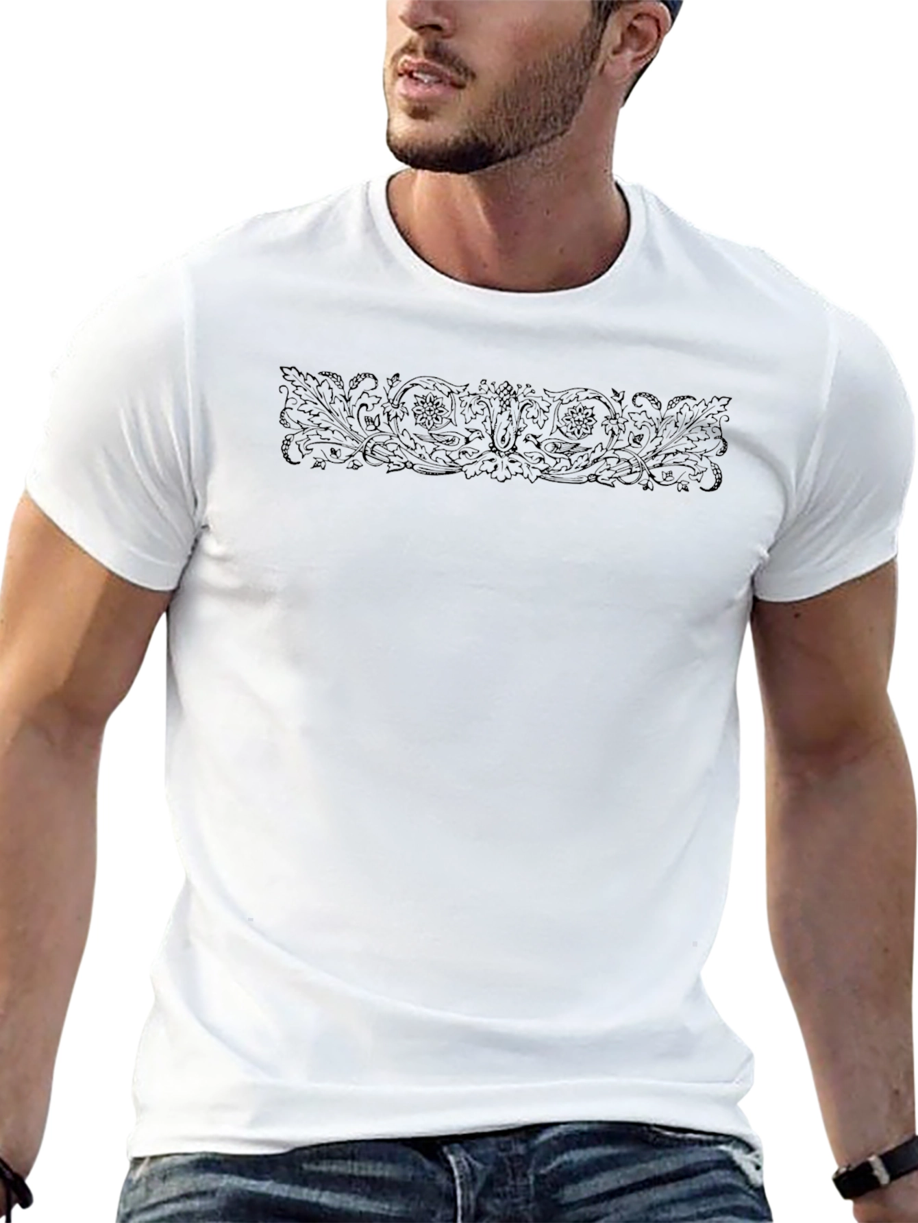 Black T-Shirt with Floral Scroll Design