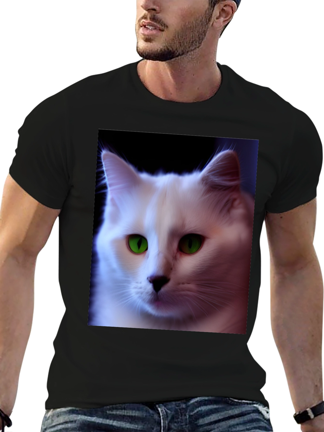 Black T-Shirt with White Cat Graphic