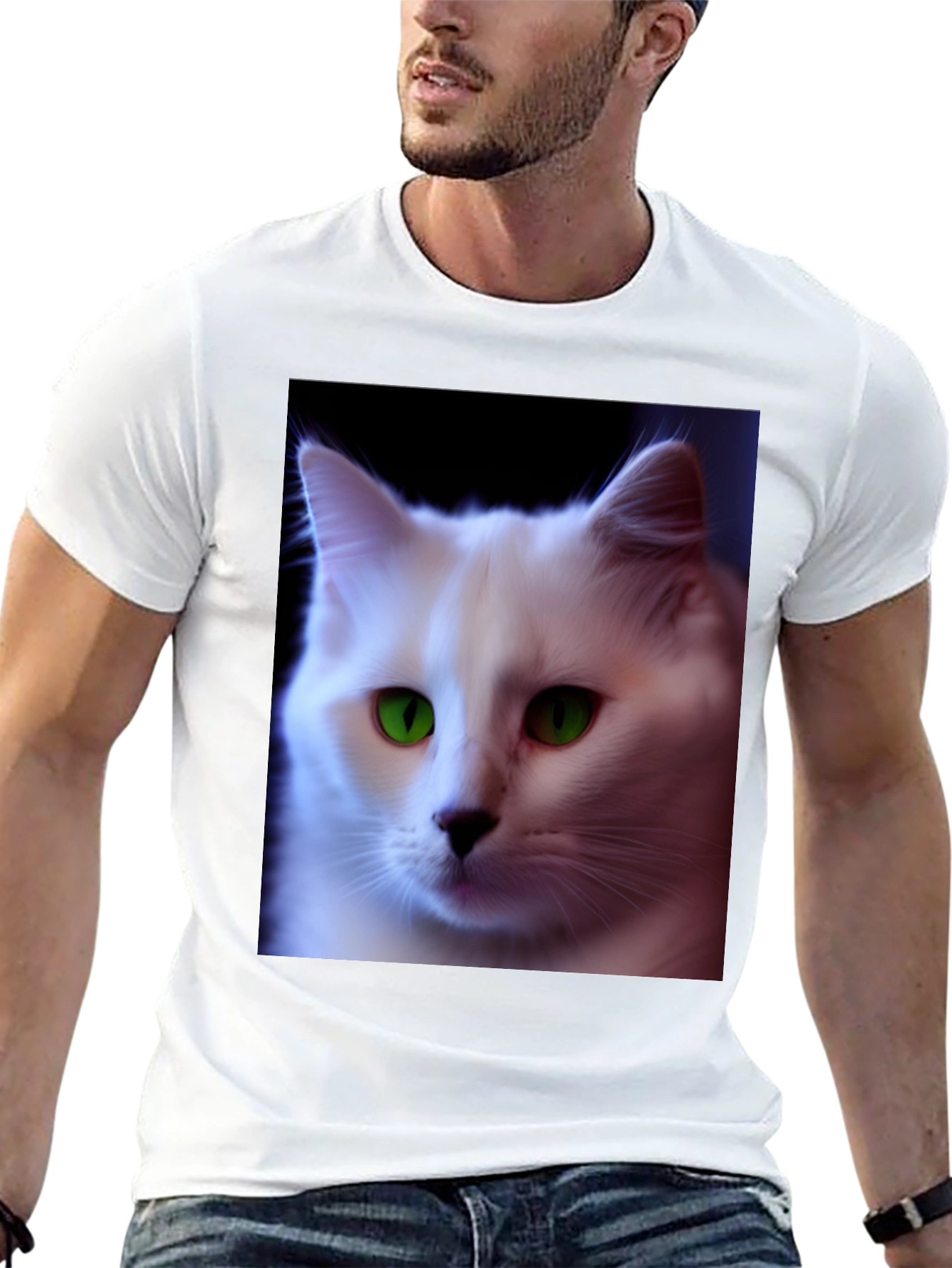 Black T-Shirt with White Cat Graphic