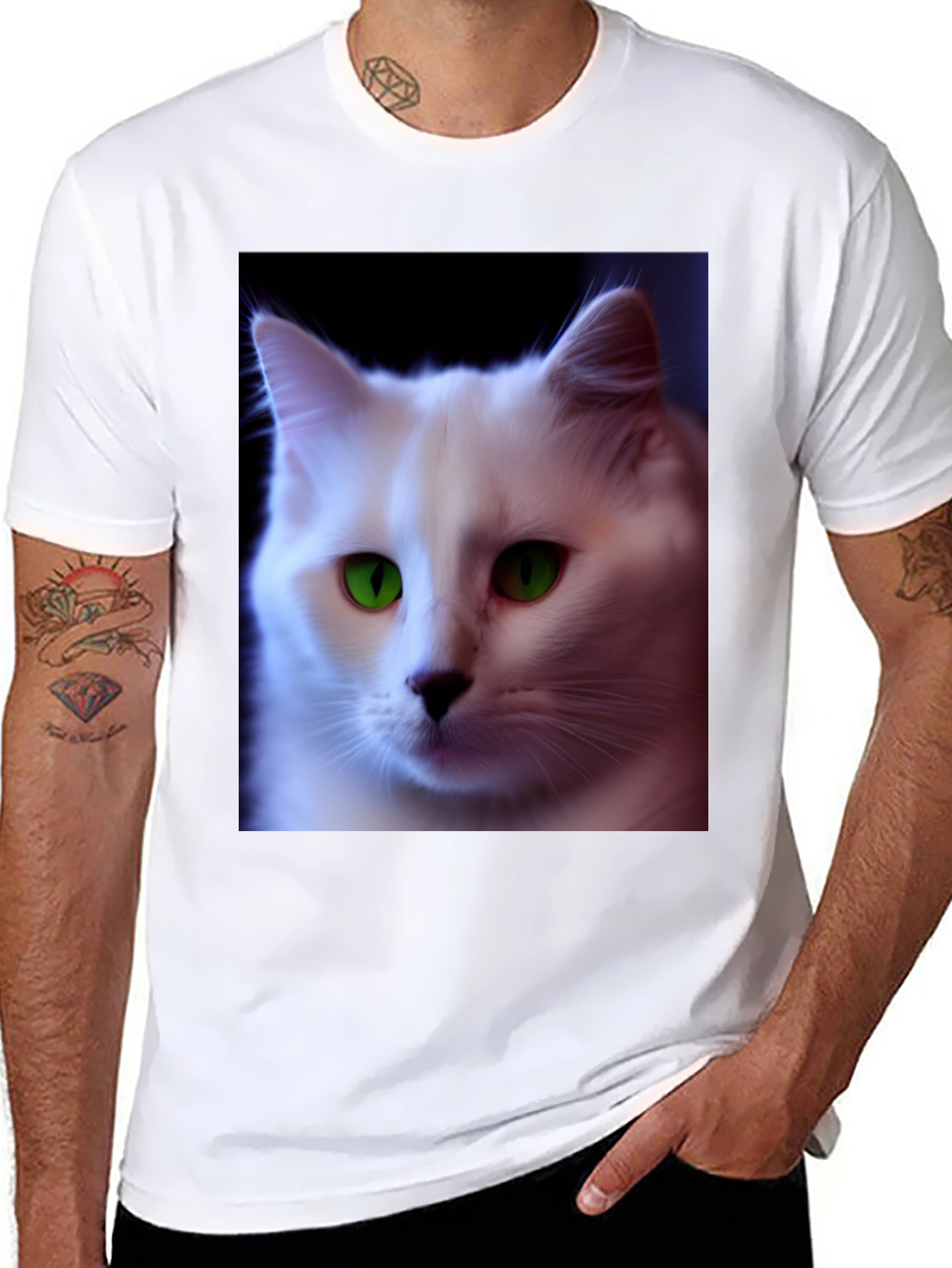 Black T-Shirt with White Cat Graphic