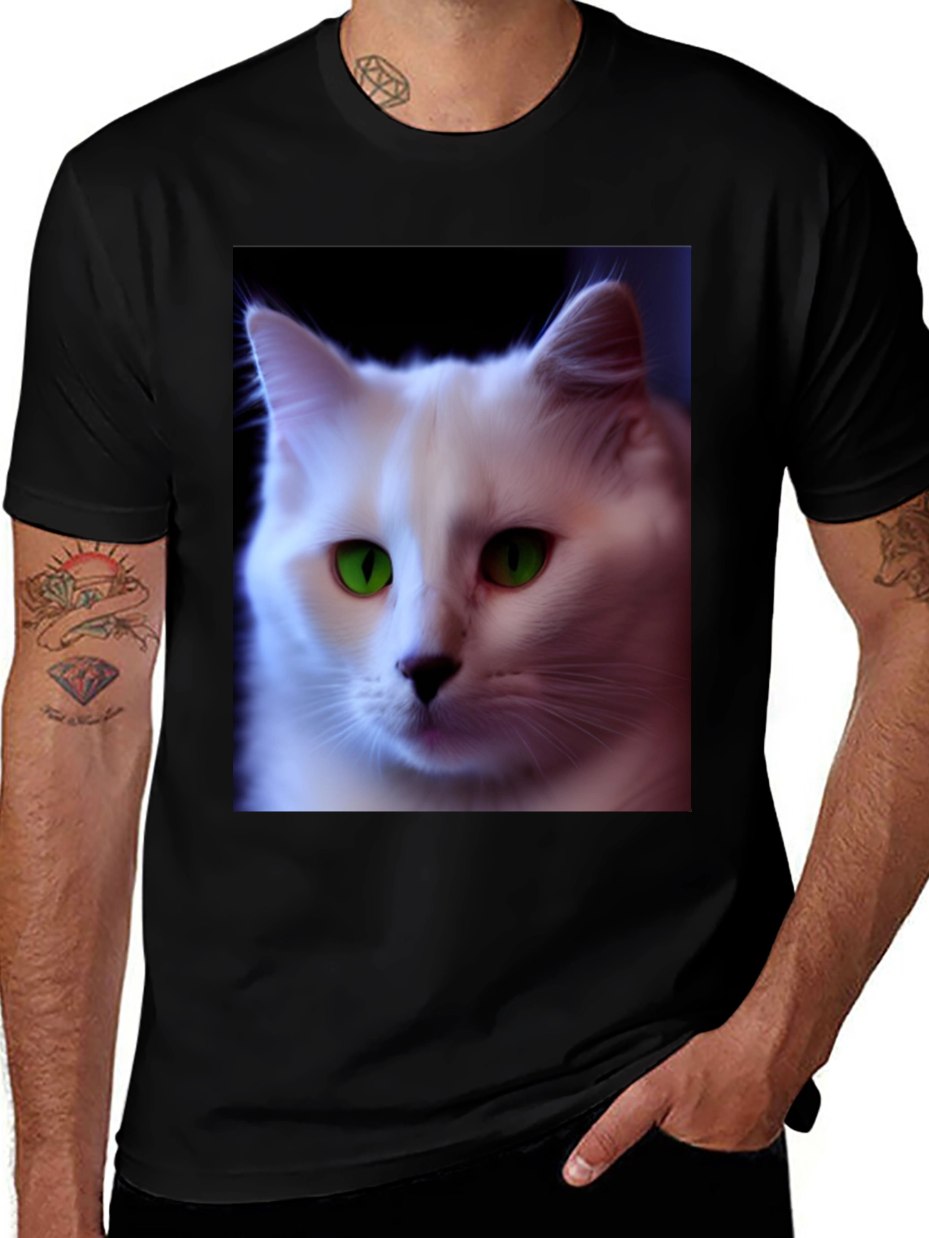 Black T-Shirt with White Cat Graphic