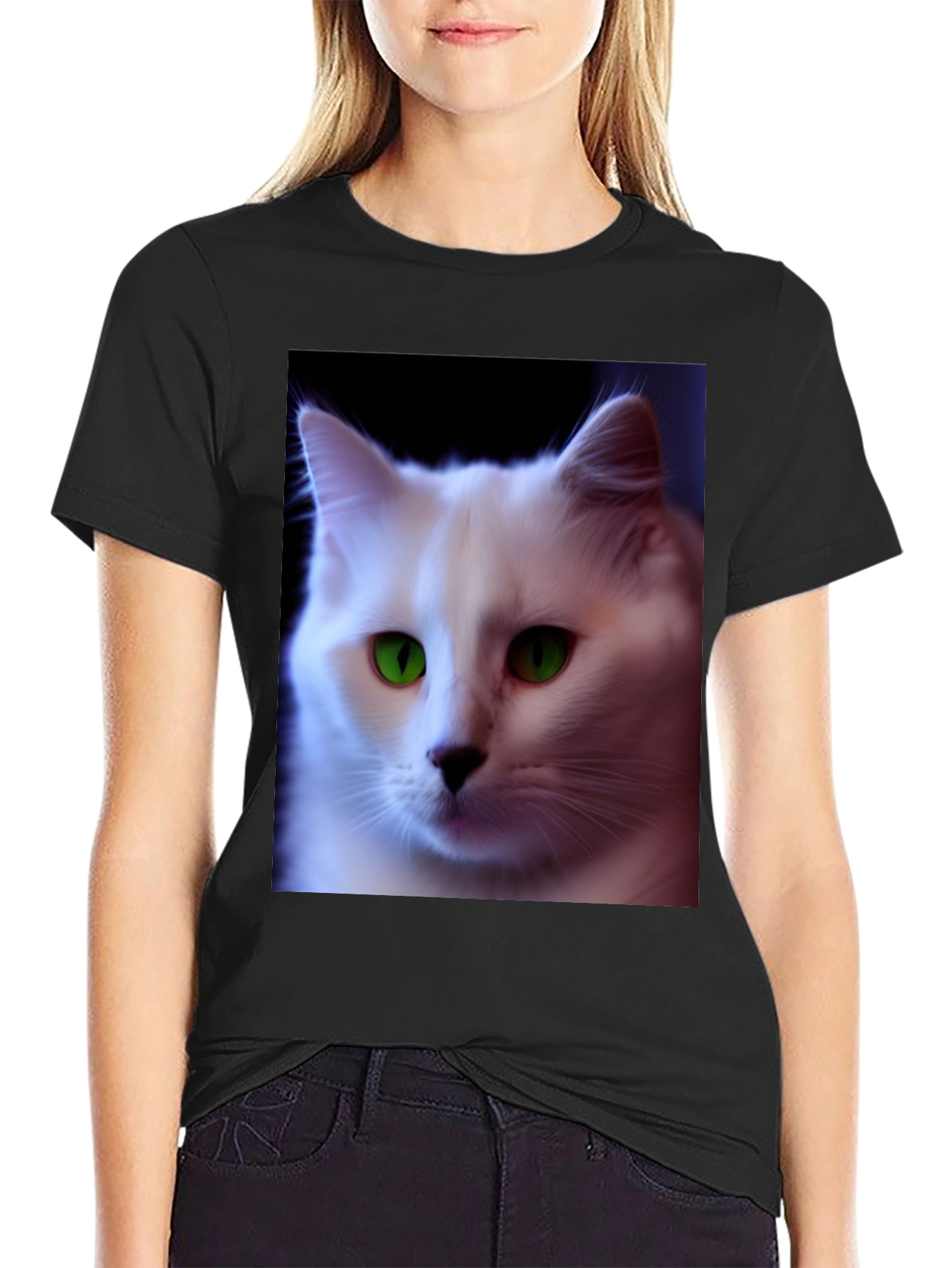 Black T-Shirt with White Cat Graphic